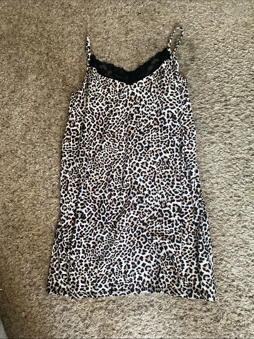 Leopard Print Lace-Trim Chemise Slip in Tan & Black